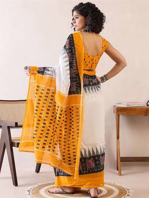 white ethnic motifs ready to wear ikat saree 2