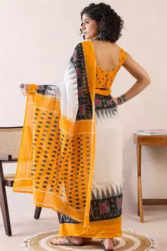 white ethnic motifs ready to wear ikat saree