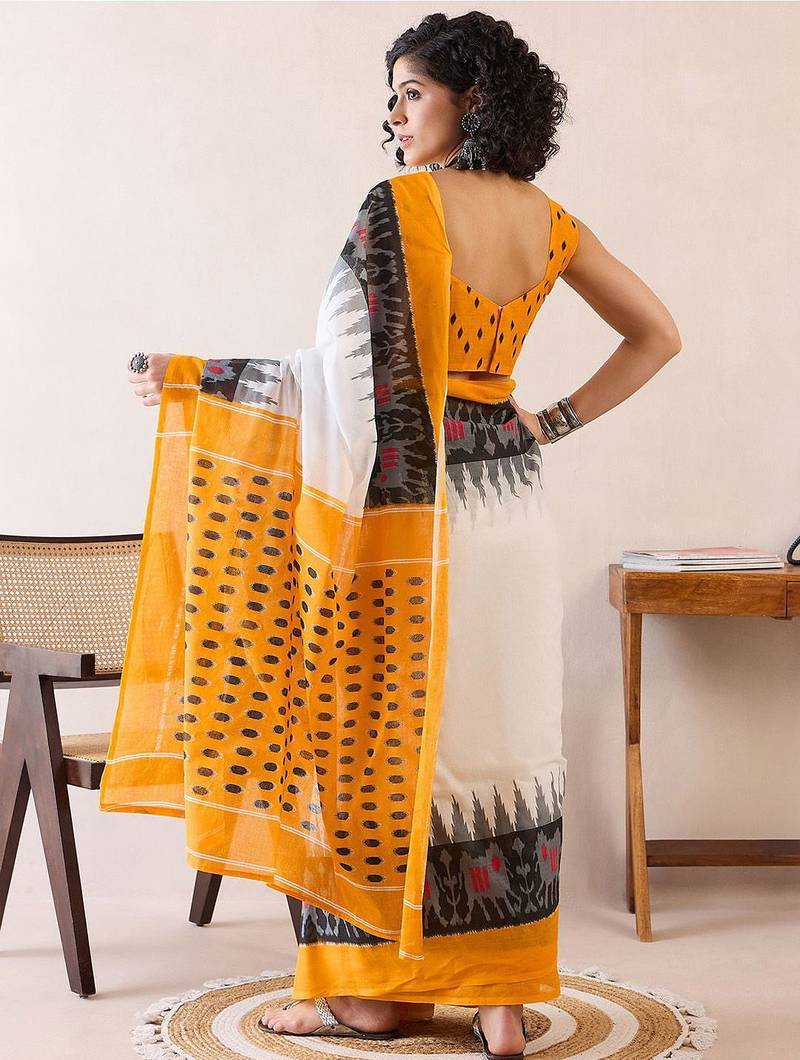 white ethnic motifs ready to wear ikat saree