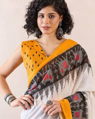 white ethnic motifs ready to wear ikat saree 3