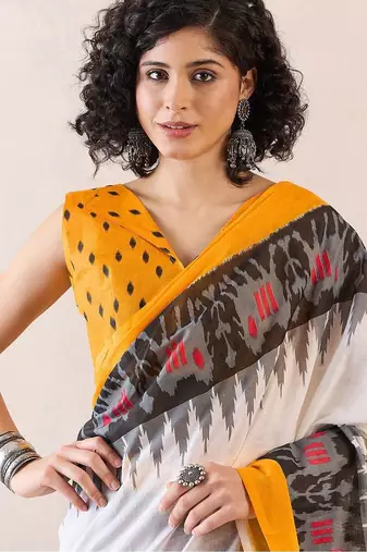 white ethnic motifs ready to wear ikat saree