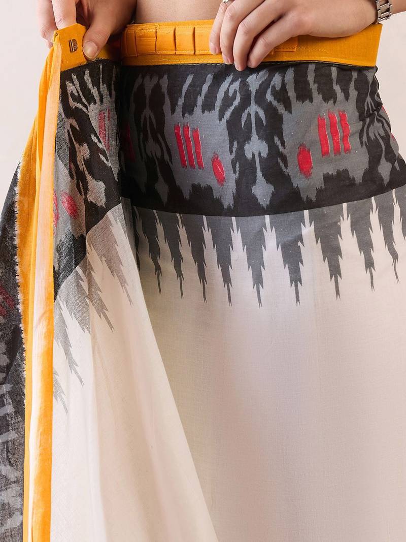 white ethnic motifs ready to wear ikat saree