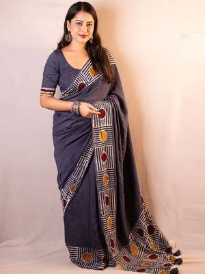 grey printed chanderi saree  with unstitched blouse piece 1
