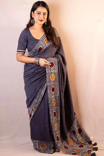 grey printed chanderi saree  with unstitched blouse piece