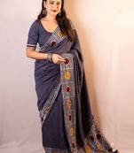 grey printed chanderi saree  with unstitched blouse piece