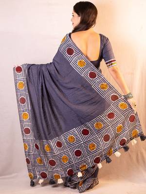 grey printed chanderi saree  with unstitched blouse piece 2