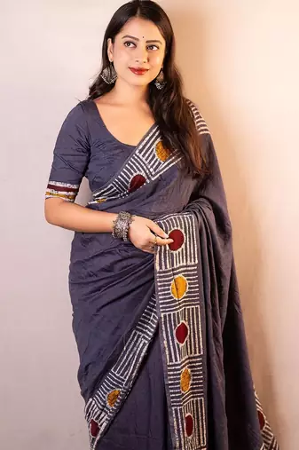 grey printed chanderi saree  with unstitched blouse piece