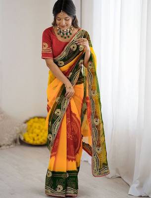 Multicolor bandhani printed pure georgette saree  with unstiched blouse piece 1