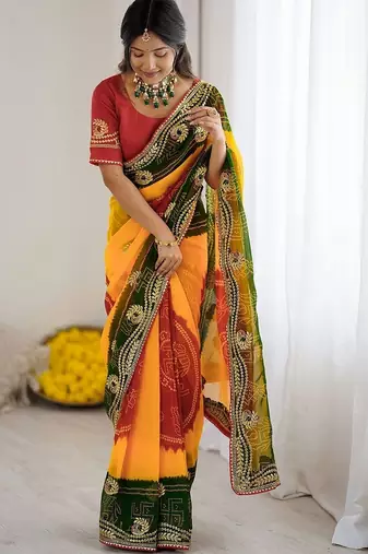 Multicolor bandhani printed pure georgette saree  with unstiched blouse piece