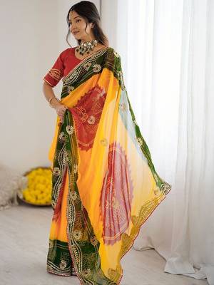 Multicolor bandhani printed pure georgette saree  with unstiched blouse piece 2