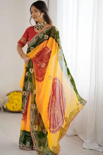 Multicolor bandhani printed pure georgette saree  with unstiched blouse piece