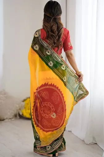 Multicolor bandhani printed pure georgette saree  with unstiched blouse piece