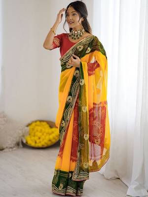 Multicolor bandhani printed pure georgette saree  with unstiched blouse piece 4