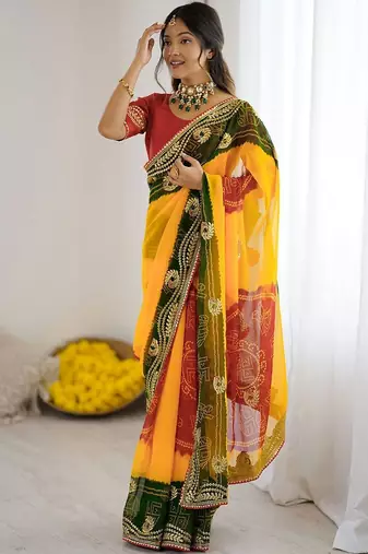 Multicolor bandhani printed pure georgette saree  with unstiched blouse piece