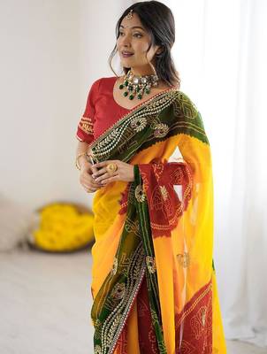 Multicolor bandhani printed pure georgette saree  with unstiched blouse piece 5