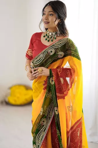 Multicolor bandhani printed pure georgette saree  with unstiched blouse piece