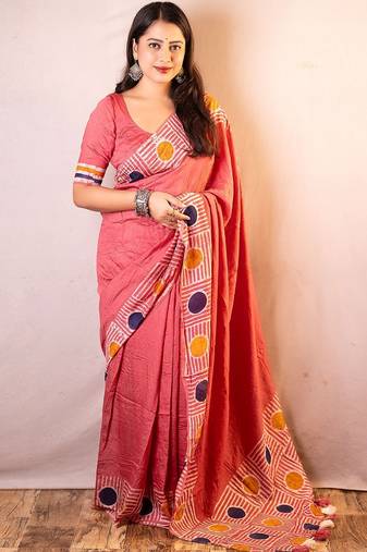 pink chanderi cotton saree with unstitched blouse piece