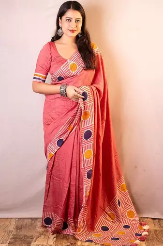 pink chanderi cotton saree with unstitched blouse piece