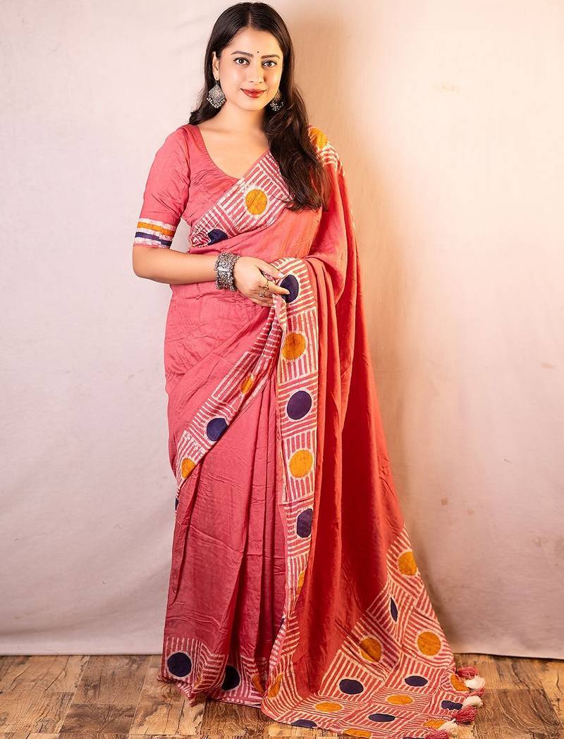 pink chanderi cotton saree with unstitched blouse piece