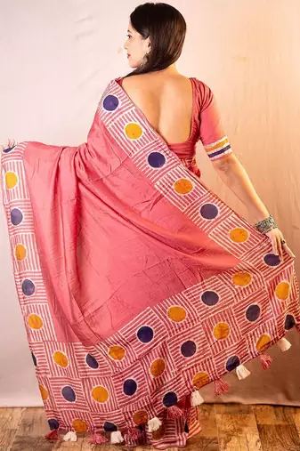pink chanderi cotton saree with unstitched blouse piece
