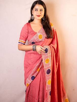 pink chanderi cotton saree with unstitched blouse piece 3