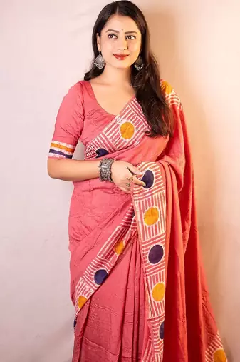 pink chanderi cotton saree with unstitched blouse piece