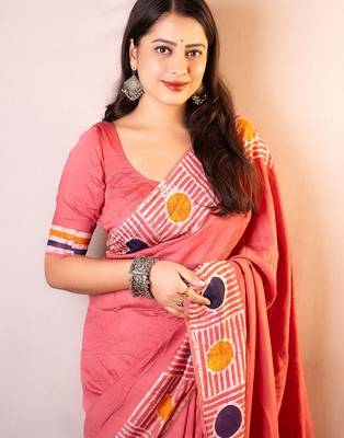 pink chanderi cotton saree with unstitched blouse piece 4
