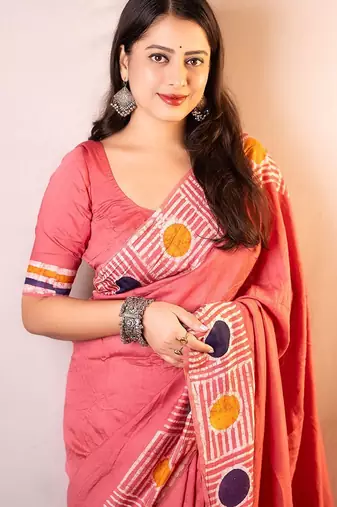 pink chanderi cotton saree with unstitched blouse piece