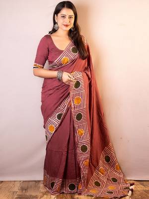 pink women chanderi saree with unstitched blouse piece 1