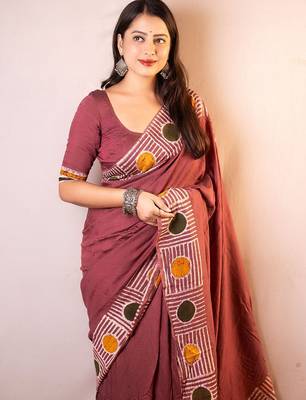 pink women chanderi saree with unstitched blouse piece 3
