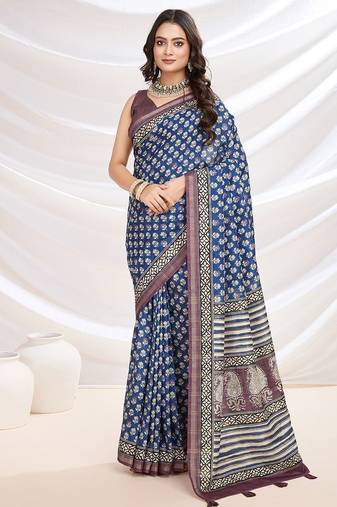 blue ajrak block zari pashmina saree