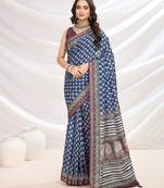 blue ajrak block zari pashmina saree