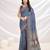 blue ajrak block zari pashmina saree
