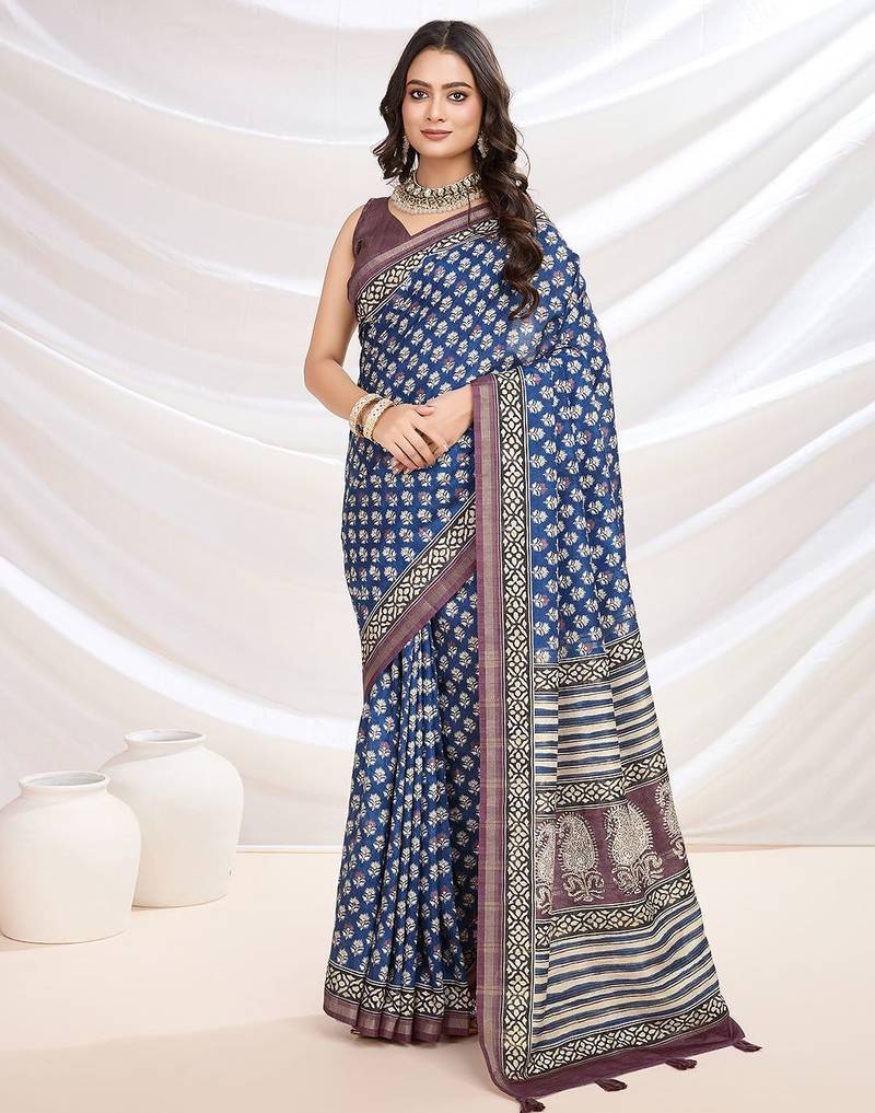 blue ajrak block zari pashmina saree