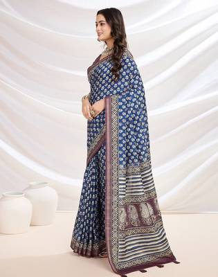 blue ajrak block zari pashmina saree 2