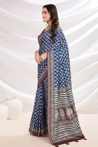 blue ajrak block zari pashmina saree