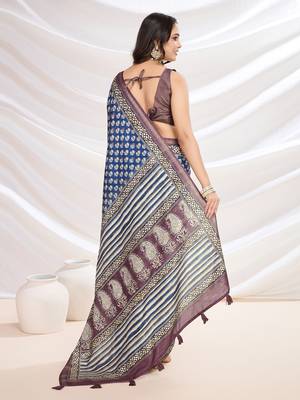 blue ajrak block zari pashmina saree 3