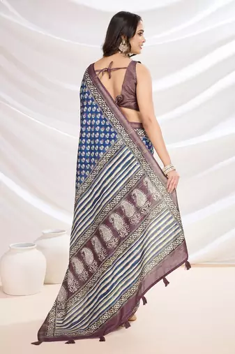 blue ajrak block zari pashmina saree