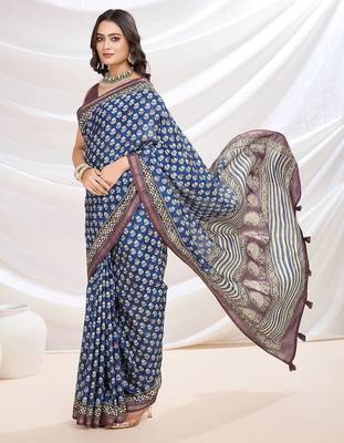 blue ajrak block zari pashmina saree 4