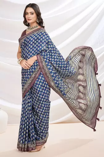 blue ajrak block zari pashmina saree