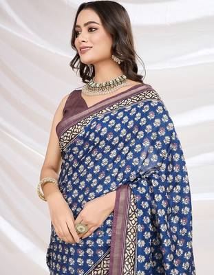 blue ajrak block zari pashmina saree 5