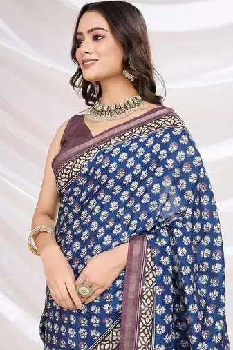 blue ajrak block zari pashmina saree