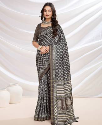 black ajrak printed block pashmina saree 1