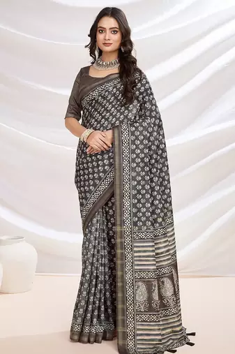 black ajrak printed block pashmina saree