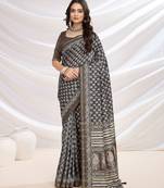 black ajrak printed block pashmina saree