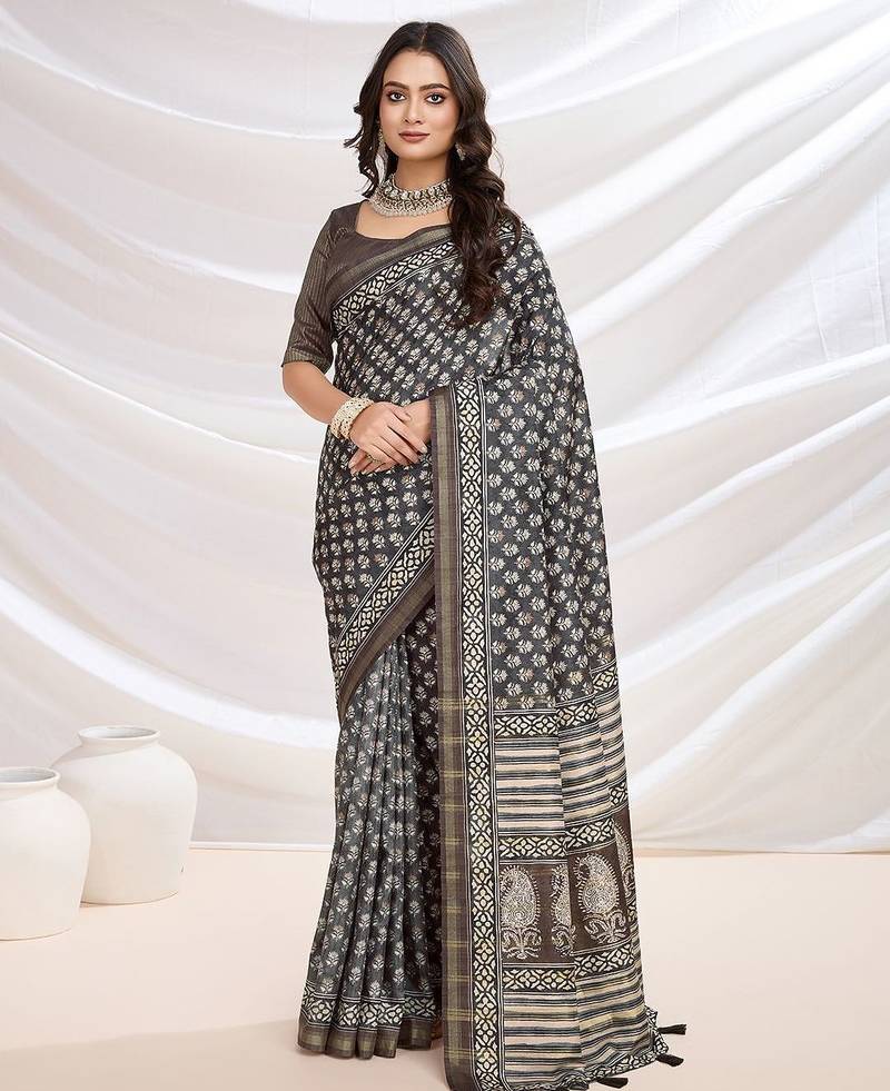 black ajrak printed block pashmina saree
