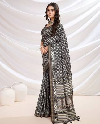 black ajrak printed block pashmina saree 2