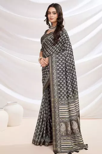 black ajrak printed block pashmina saree