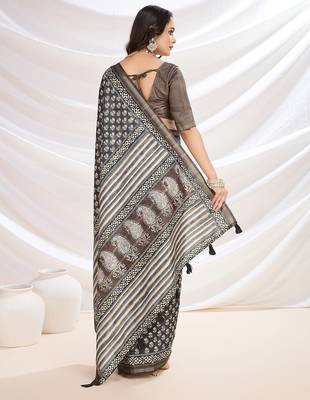 black ajrak printed block pashmina saree 3