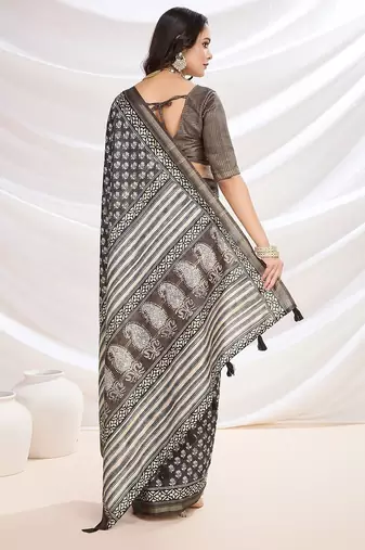 black ajrak printed block pashmina saree